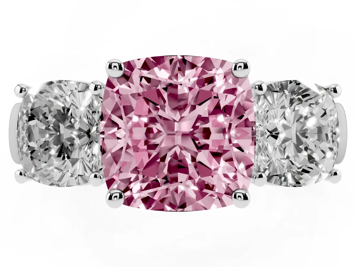 Fancy Pink Three-Stone Cushion Cut Brilliant Diamond Trellis Ring with Comfort Fit Band White gold