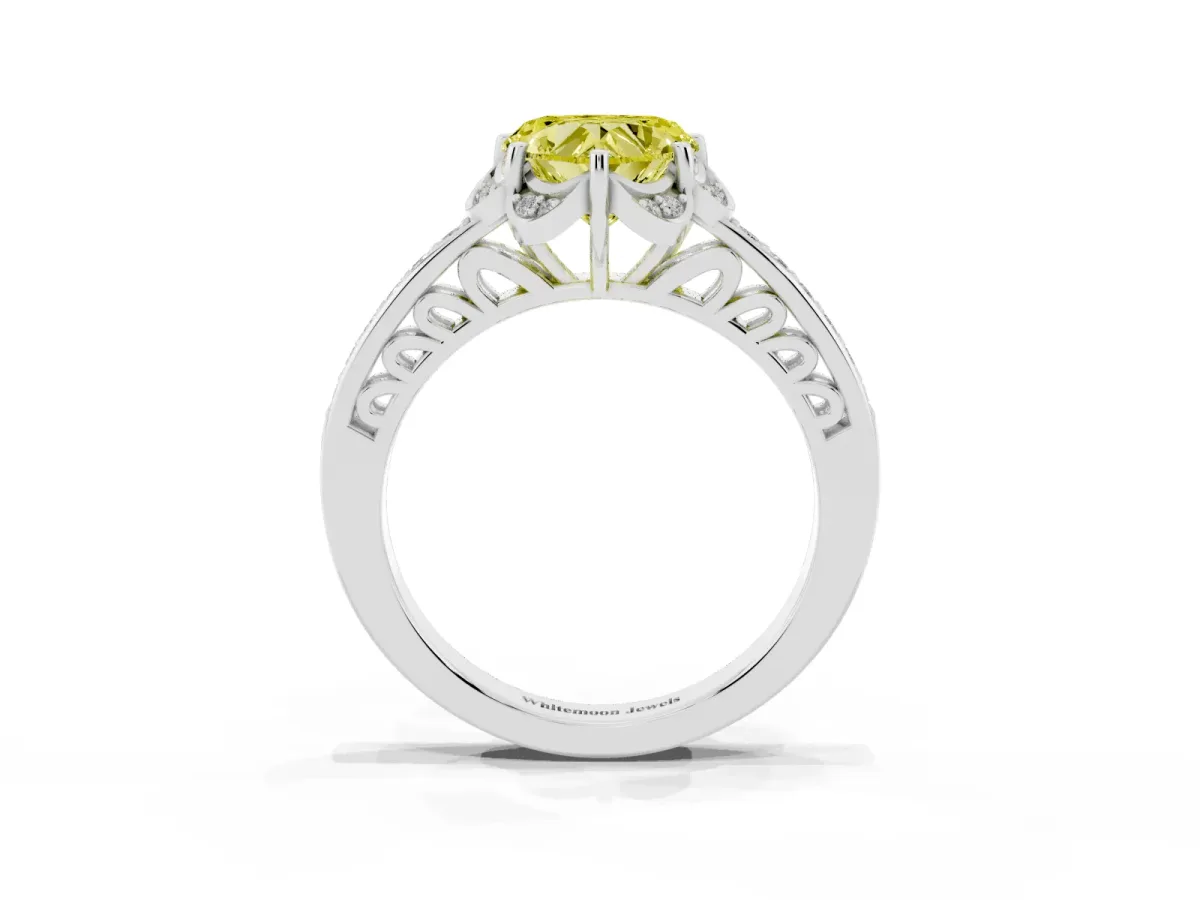 Fancy Yellow Heart Cut Cut Halo Diamond Ring with Channel Set Band and Four-Prong Setting White gold