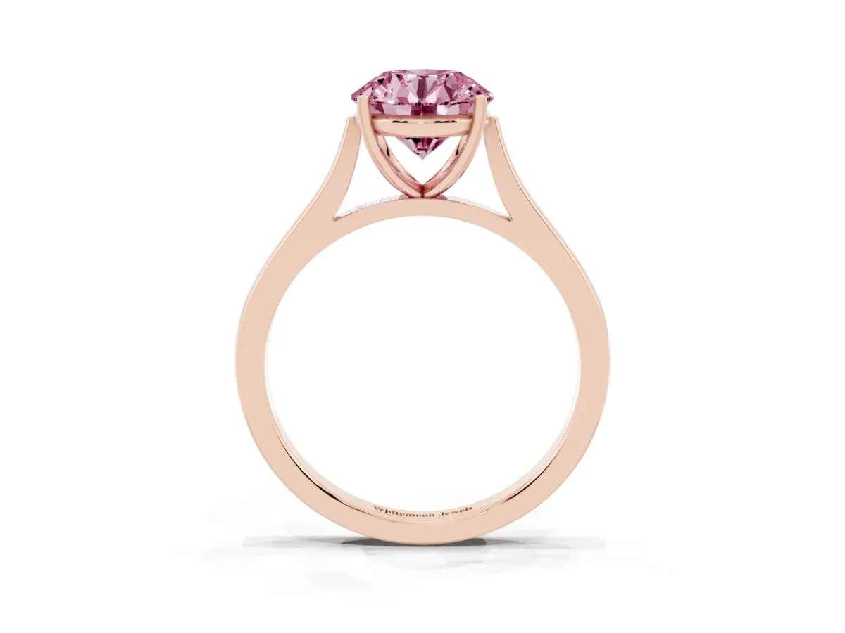 Fancy Pink Round Cut Solitaire Heart Prong Engagement Ring with Tapered Band Rose gold
