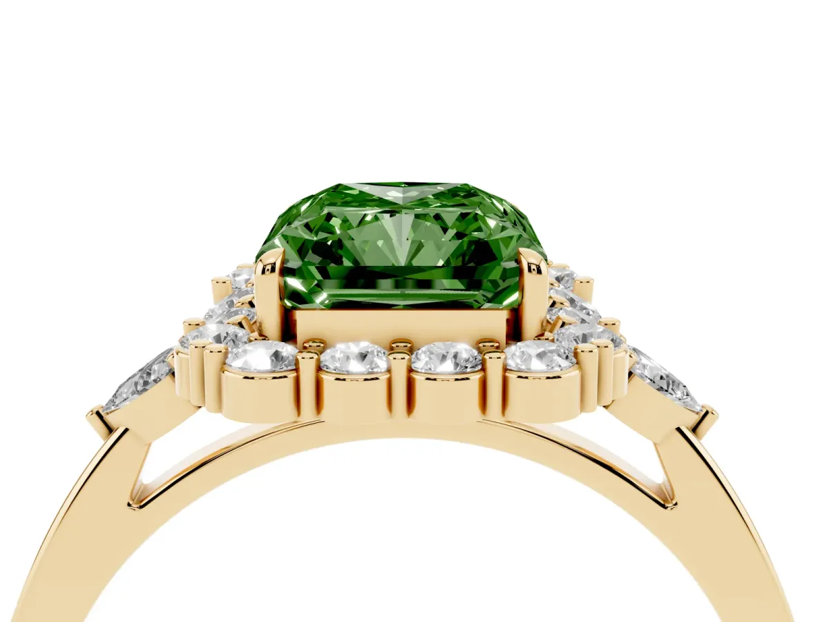 Fancy Green Radiant Cut Diamond Halo Ring with Pear Side Stones and Prong Setting Yellow gold
