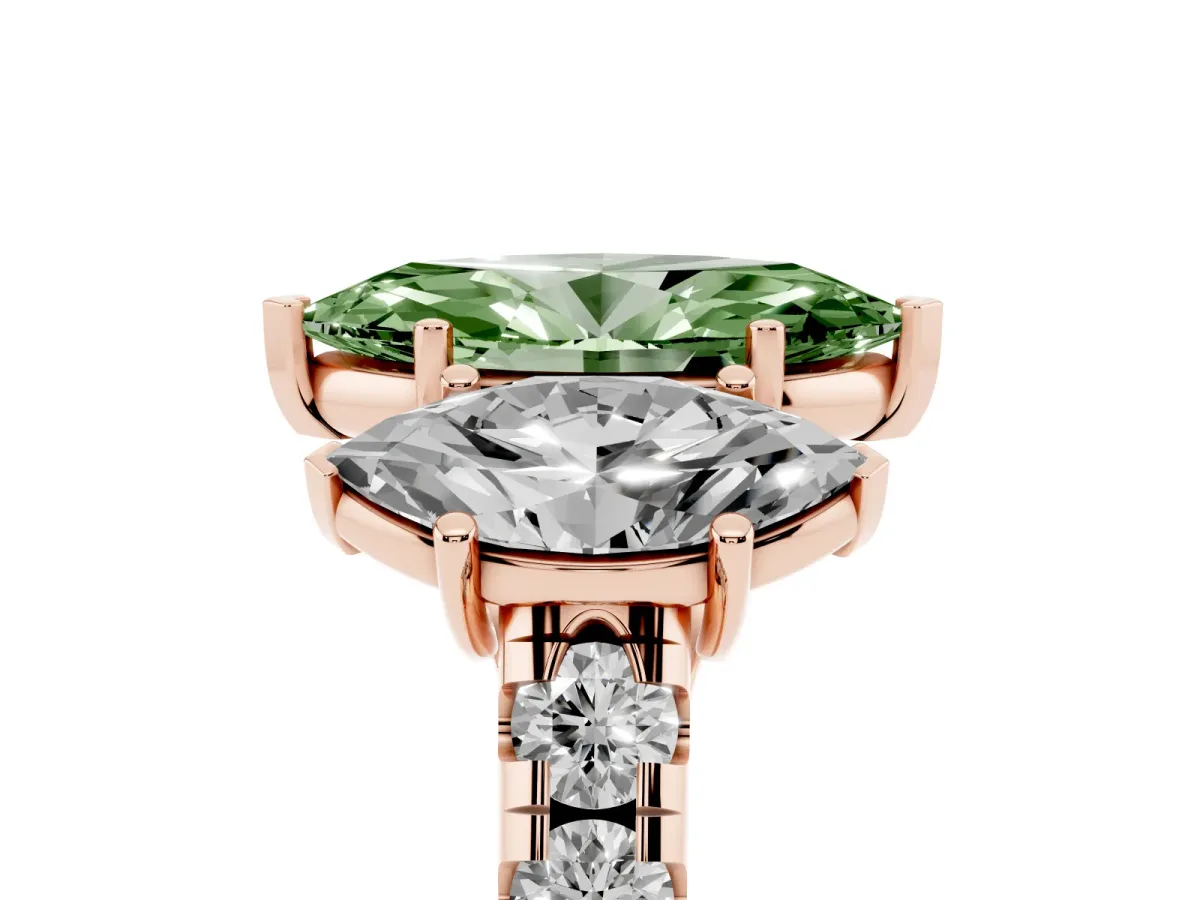 Fancy Green Three-Stone Marquise Cut Diamond Pavé Band with Prong Setting Rose gold