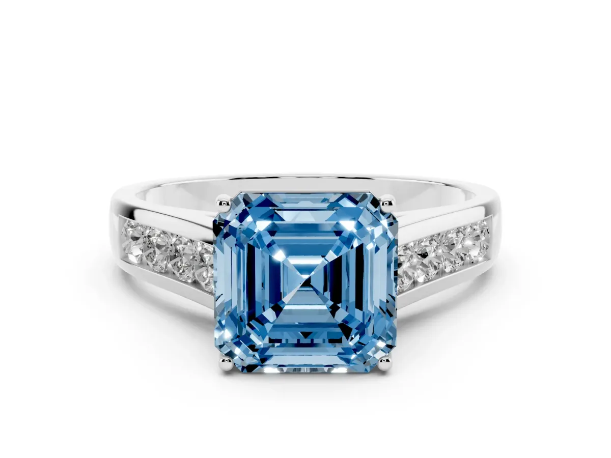 Fancy Blue Asscher Cut Solitaire Channel-Set Diamond Engagement Ring with Four-Prong Setting Platinum