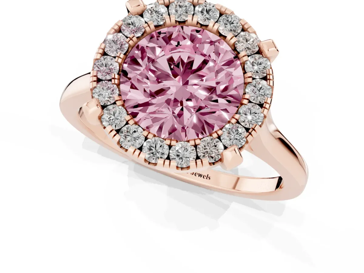 Fancy Pink Round Cut Diamond Cluster Halo Solitaire with Four-Prong Setting Rose gold
