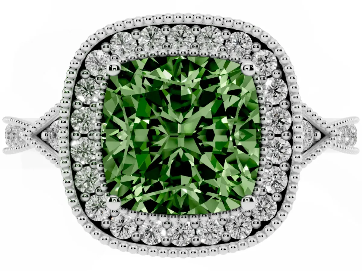 Fancy Green Cushion Cut Halo Round Diamond Milgrain Pave Engagement Ring Silver