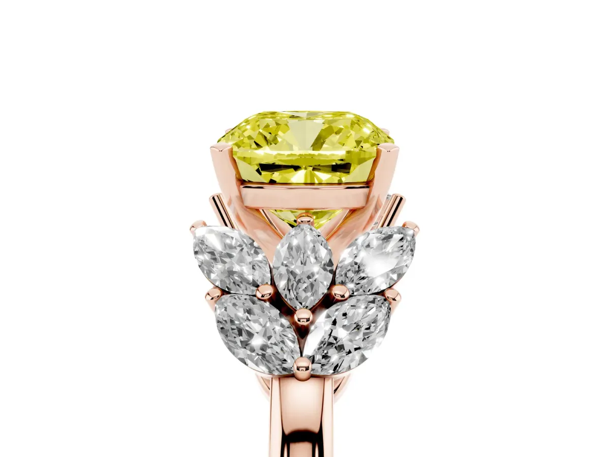 Fancy Yellow Cushion Cut Diamond Cluster Leaf Design Ring with Prong Setting Rose gold