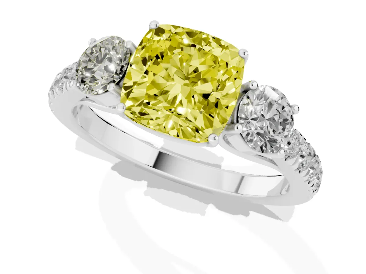 Fancy Yellow Cushion Cut Cut Diamond Three-Stone Ring with Round Side Stones and Pavé Band Silver