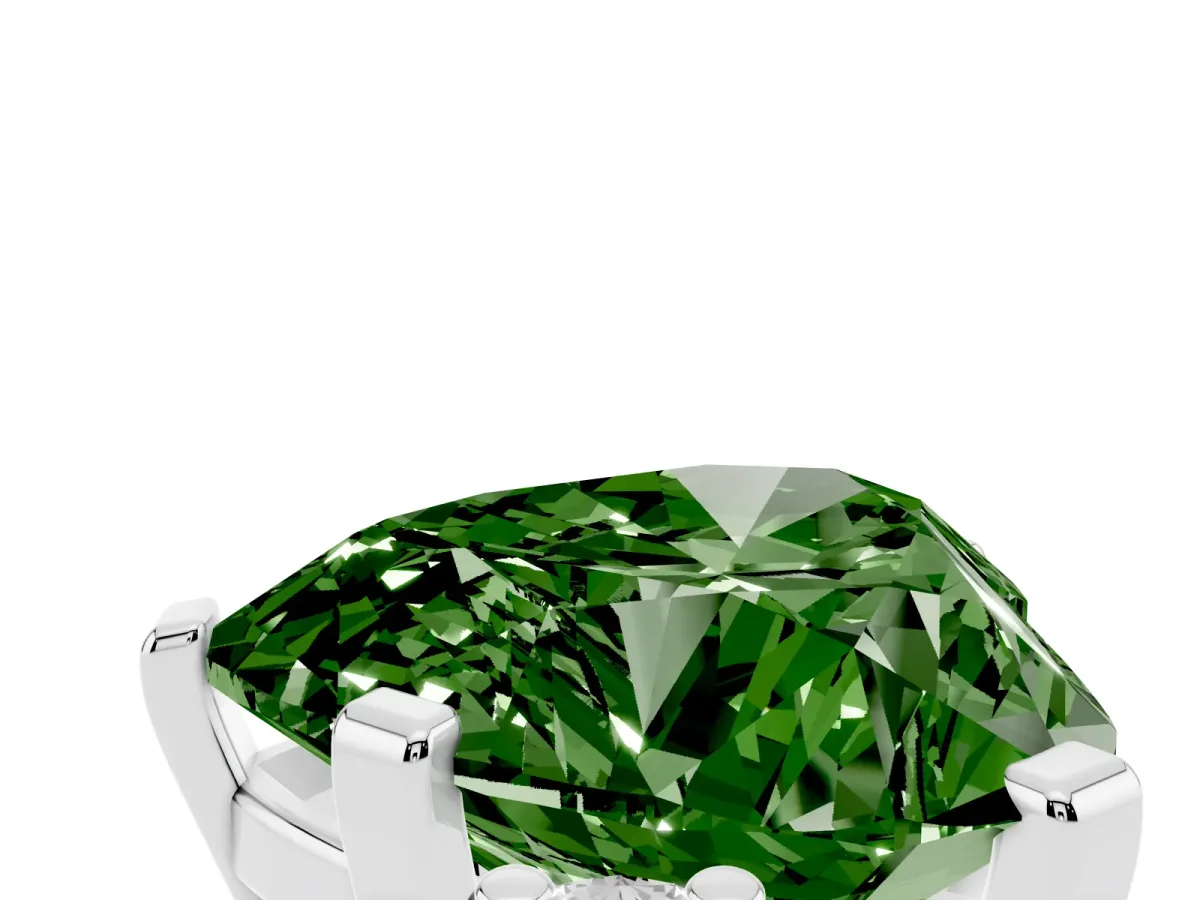 Fancy Green Heart Cut Cut Three-Stone Solitaire Ring with Round Accent Diamonds and Four-Prong Setting White gold