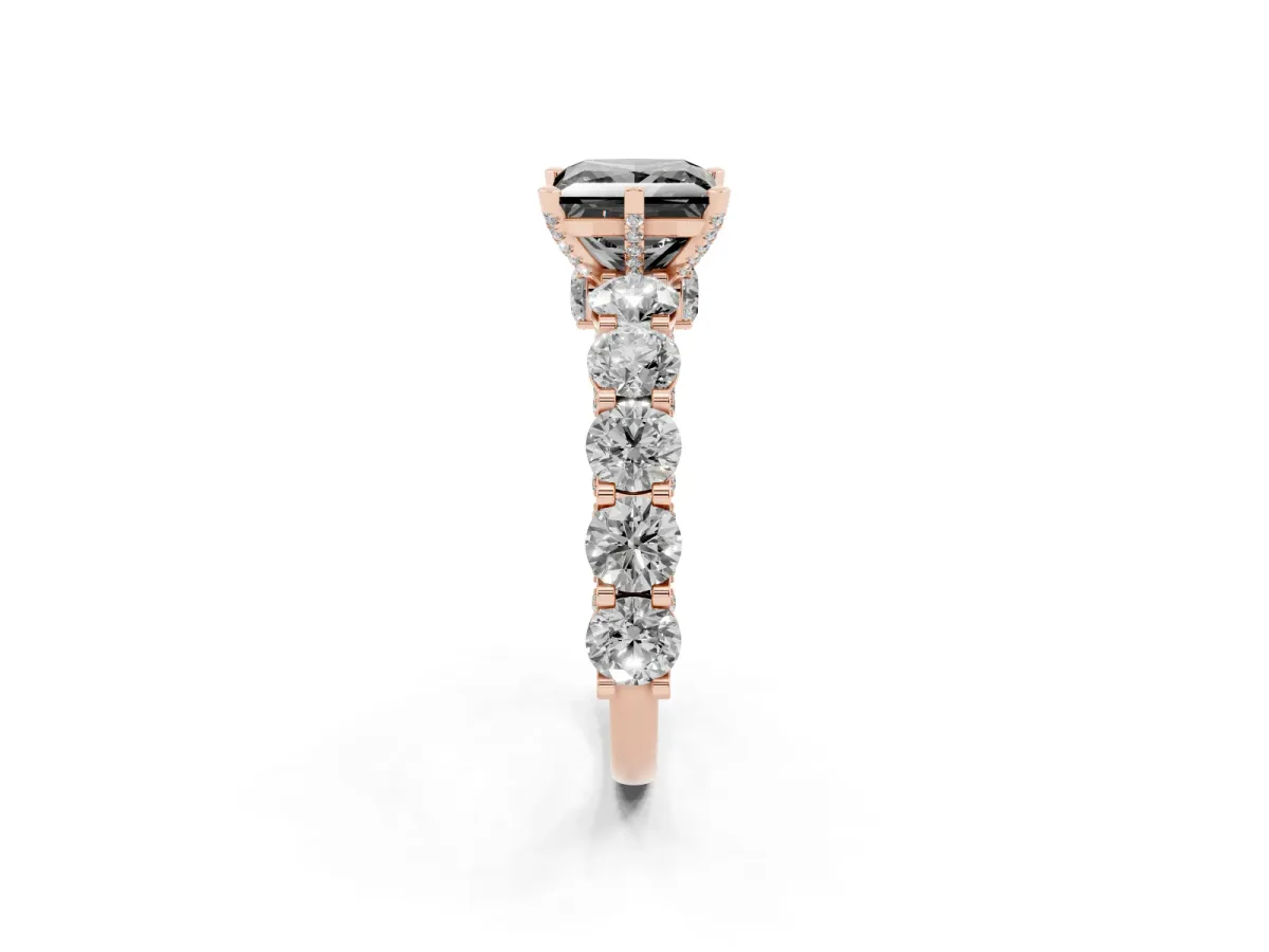 Fancy Black Princess Cut Diamond Side Stone Engagement Ring with Four-Prong Setting Rose gold