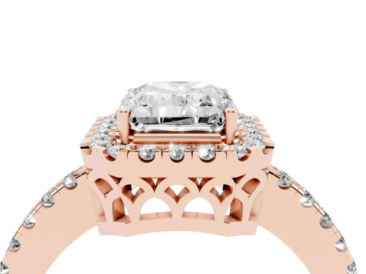 Radiant Cut Halo Diamond Engagement Ring with Pavé Band and Four-Prong Setting Rose gold