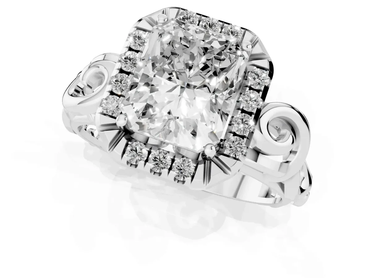 Radiant Cut Cut Halo Diamond Ring with Scrollwork Band and Four-Prong Setting Platinum