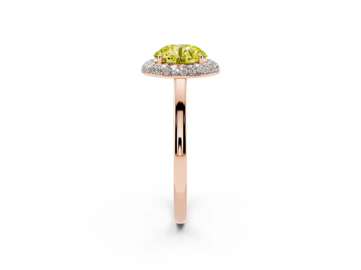 Fancy Yellow Round Cut Halo Diamond Engagement Ring with Solitaire Band and Four-Prong Setting Rose gold