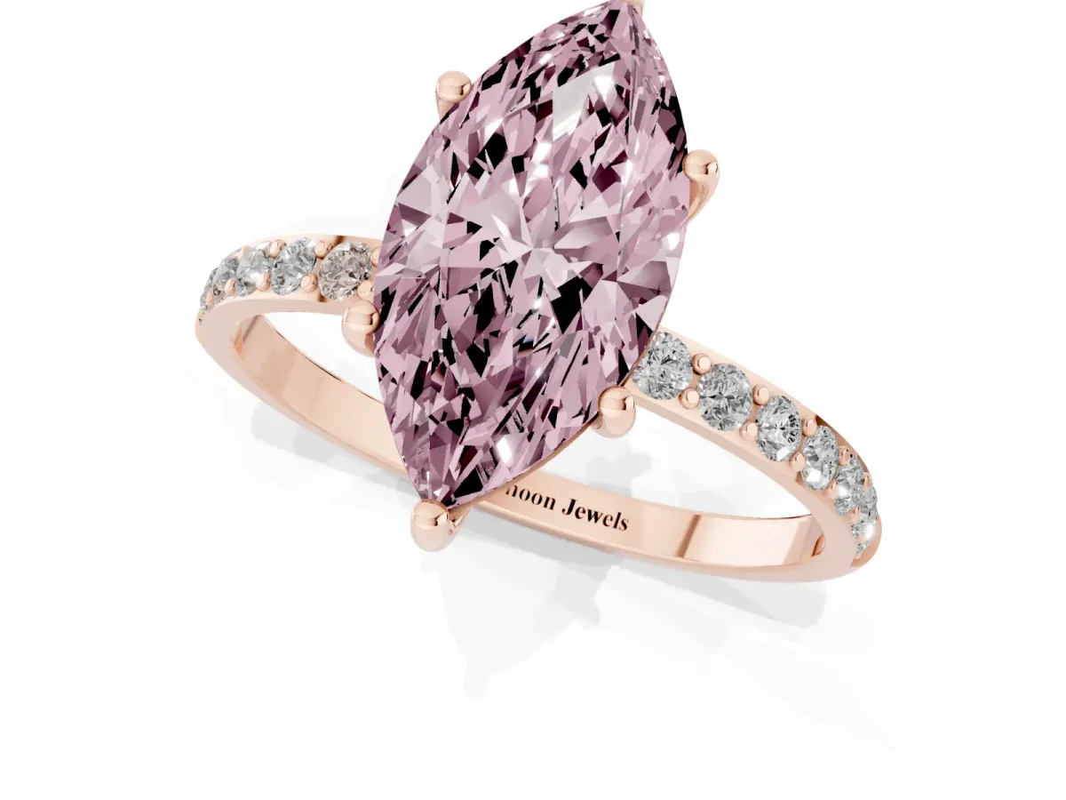 Fancy Pink Marquise Cut Diamond Solitaire Ring with Round Pavé Shoulders and Prong Setting Rose gold
