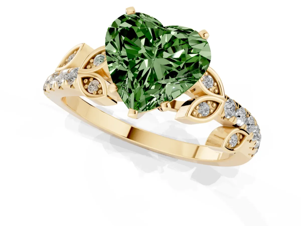 Fancy Green Heart Cut Solitaire Leaf-Inspired Diamond Ring with Pavé Band and Four-Prong Setting Yellow gold