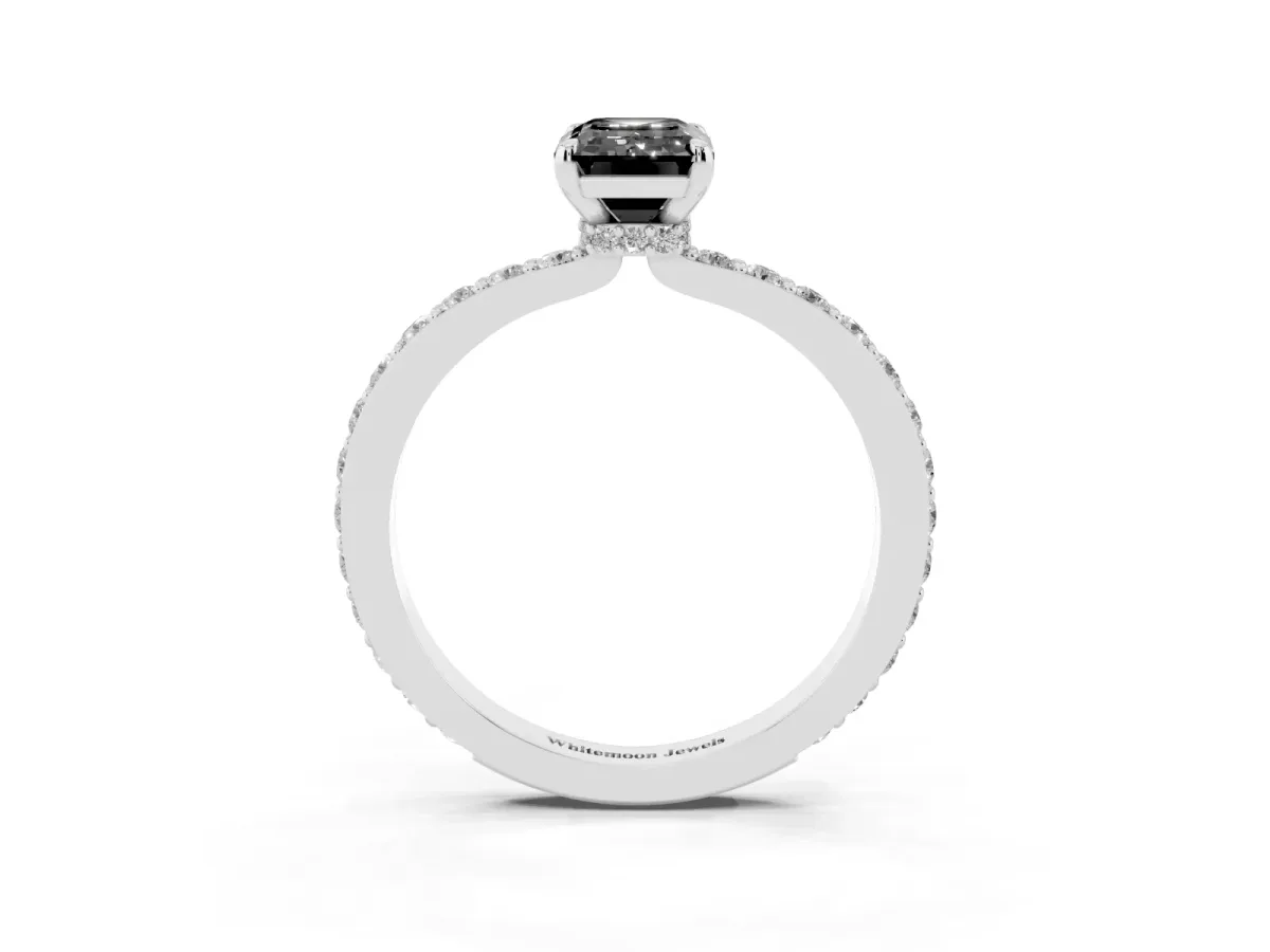Fancy Black Emerald Cut Diamond Pavé Engagement Ring with Round Accents and Prong Setting Silver