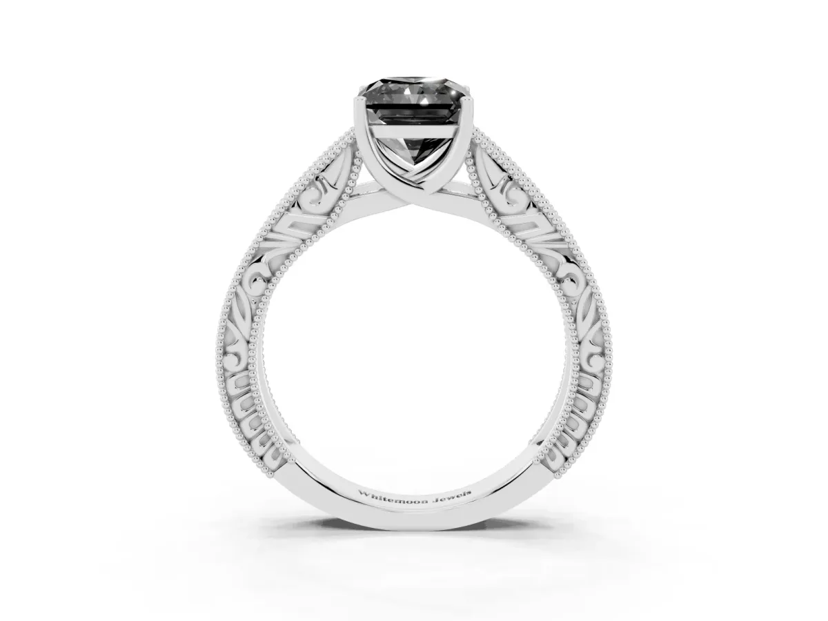 Fancy Black Radiant Cut Diamond Solitaire Ring with Engraved Band and Four-Prong Setting Platinum