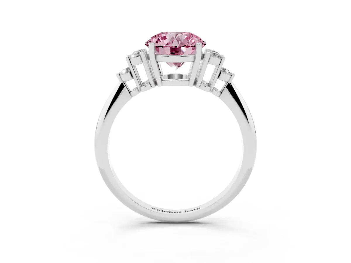 Fancy Pink Round Cut Cut Diamond Cluster Ring with Solitaire Band and Four-Prong Setting Silver