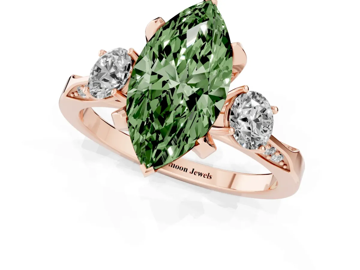 Fancy Green Marquise Cut Brilliant Three-Stone Diamond Ring with Pavé Band and Four-Prong Setting Rose gold