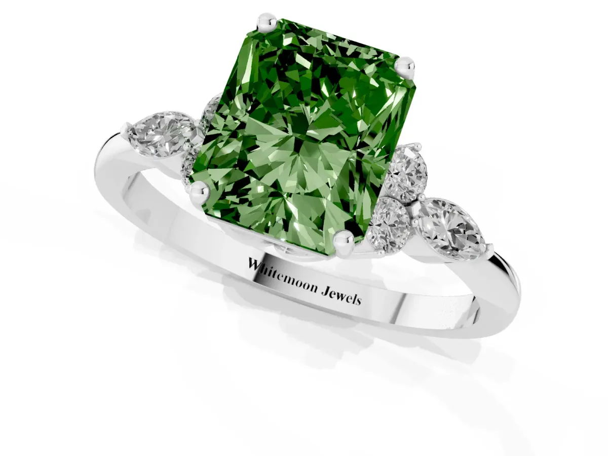 Fancy Green Radiant Cut Brilliant Diamond Solitaire Ring with Pear Side Stones and Four-Prong Setting Platinum