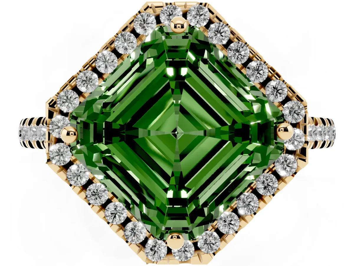Fancy Green Asscher Cut Diamond Cushion Halo Ring with Pavé Band Yellow gold