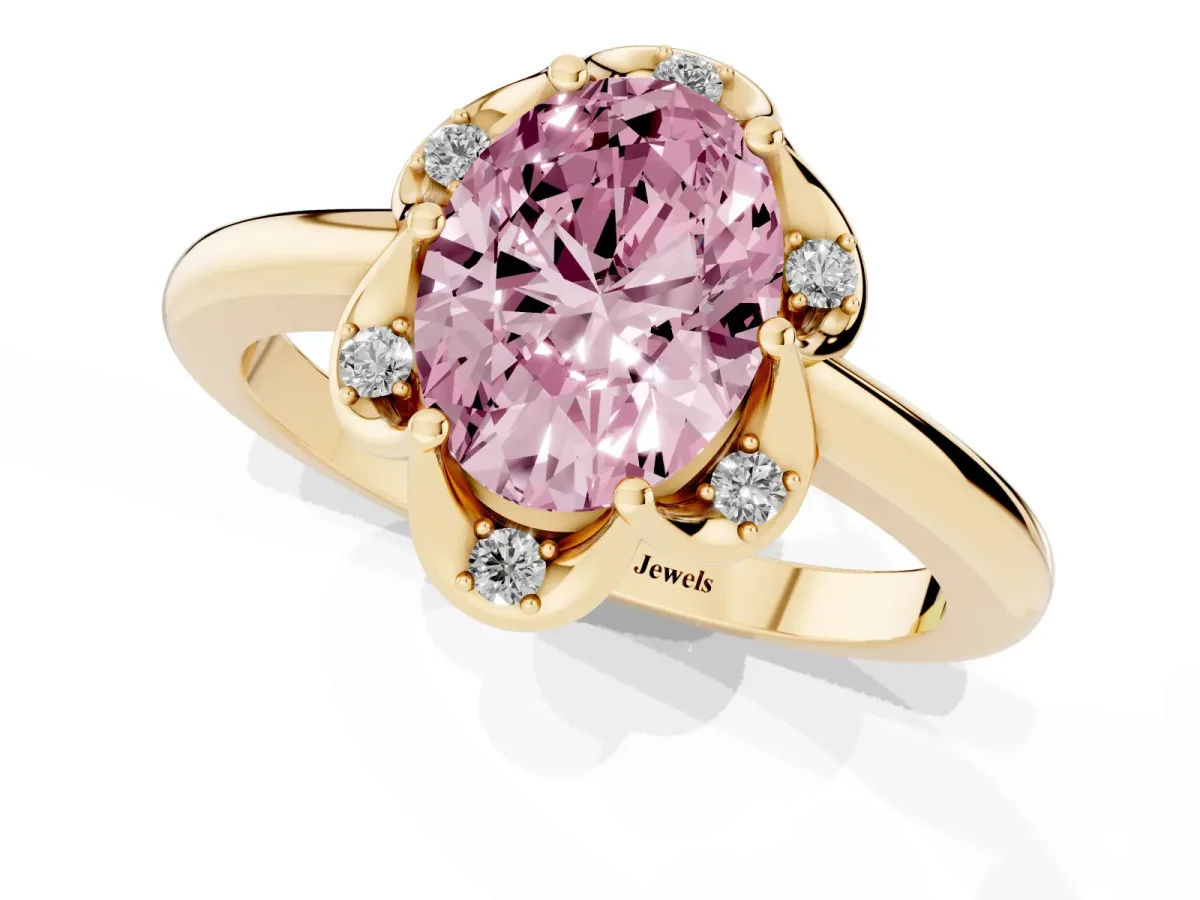 Fancy Pink Oval Cut Halo Diamond Ring with Round Cluster Setting, Solitaire Band, and Four-Prong Setting Yellow gold
