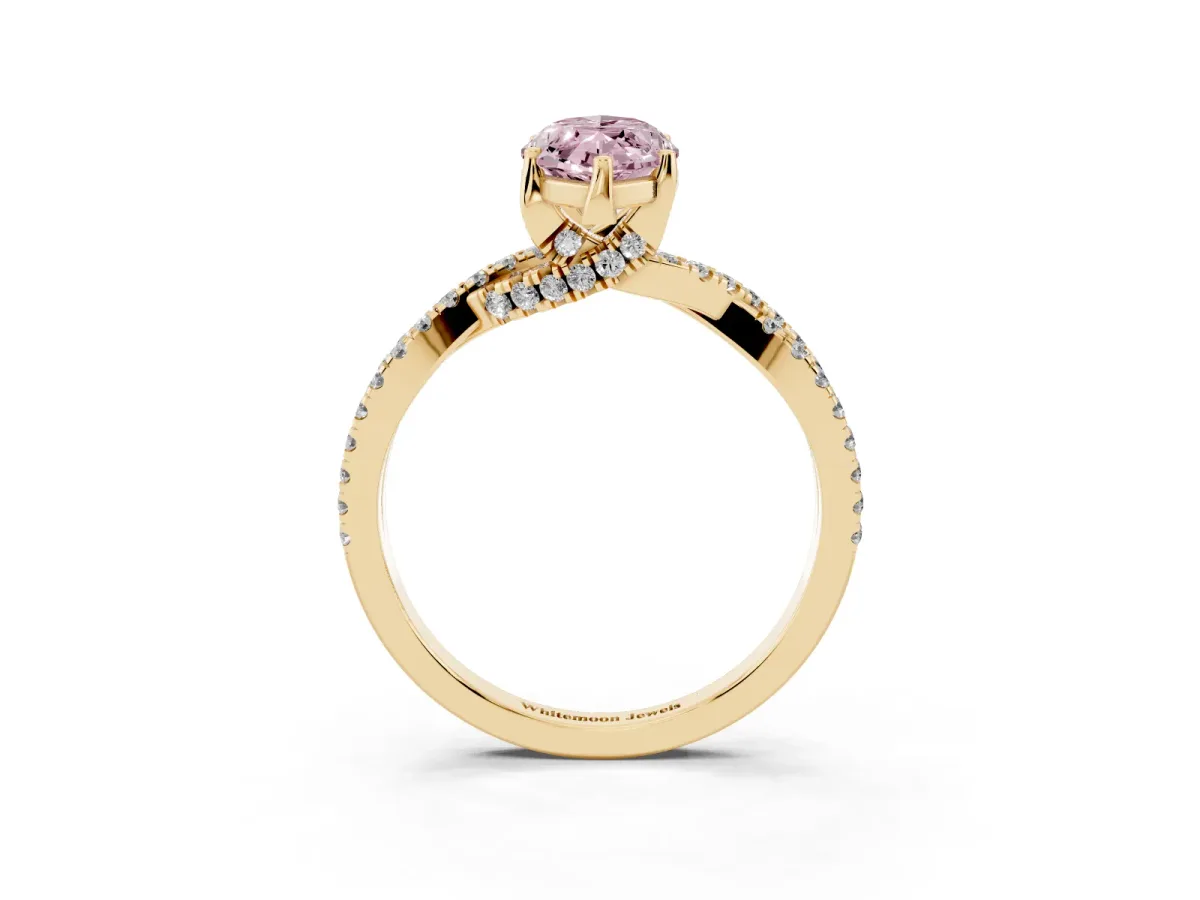 Fancy Pink Marquise Cut Solitaire Twist Pave Diamond Engagement Ring with Prong Setting Yellow gold