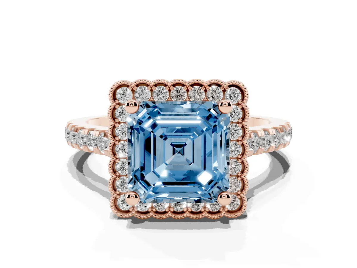 Fancy Blue Asscher Cut Cut Diamond Milgrain Floral Halo Engagement Ring with Pavé Band Rose gold