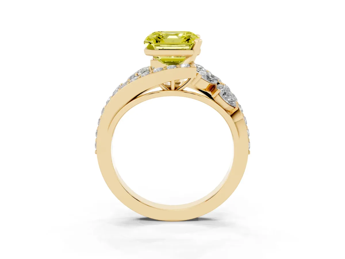 Fancy Yellow Asscher Cut Diamond Halo Ring with Marquise and Pavé Band in Prong Setting Yellow gold