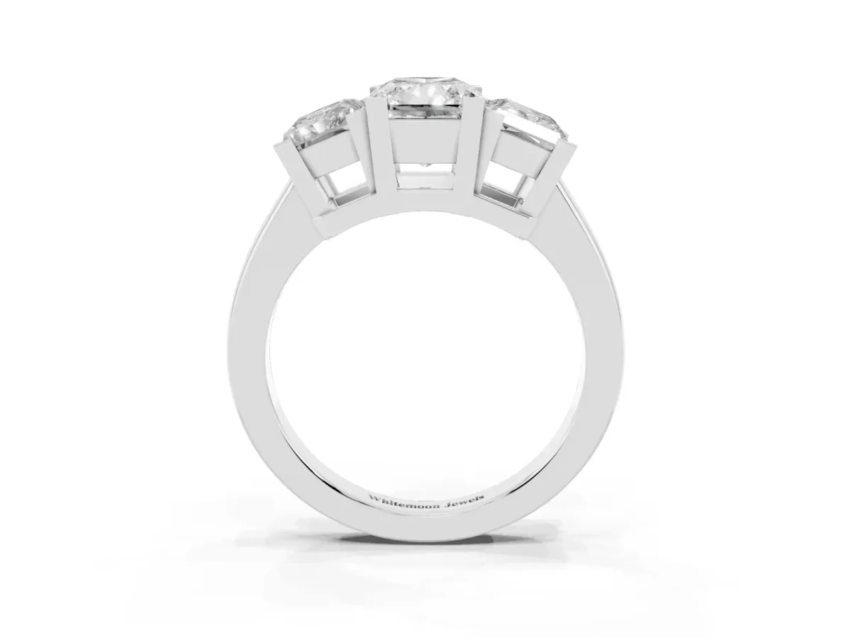 Three-Stone Radiant Cut Cut Diamond Ring with Channel Set Band and Four-Prong Setting Silver