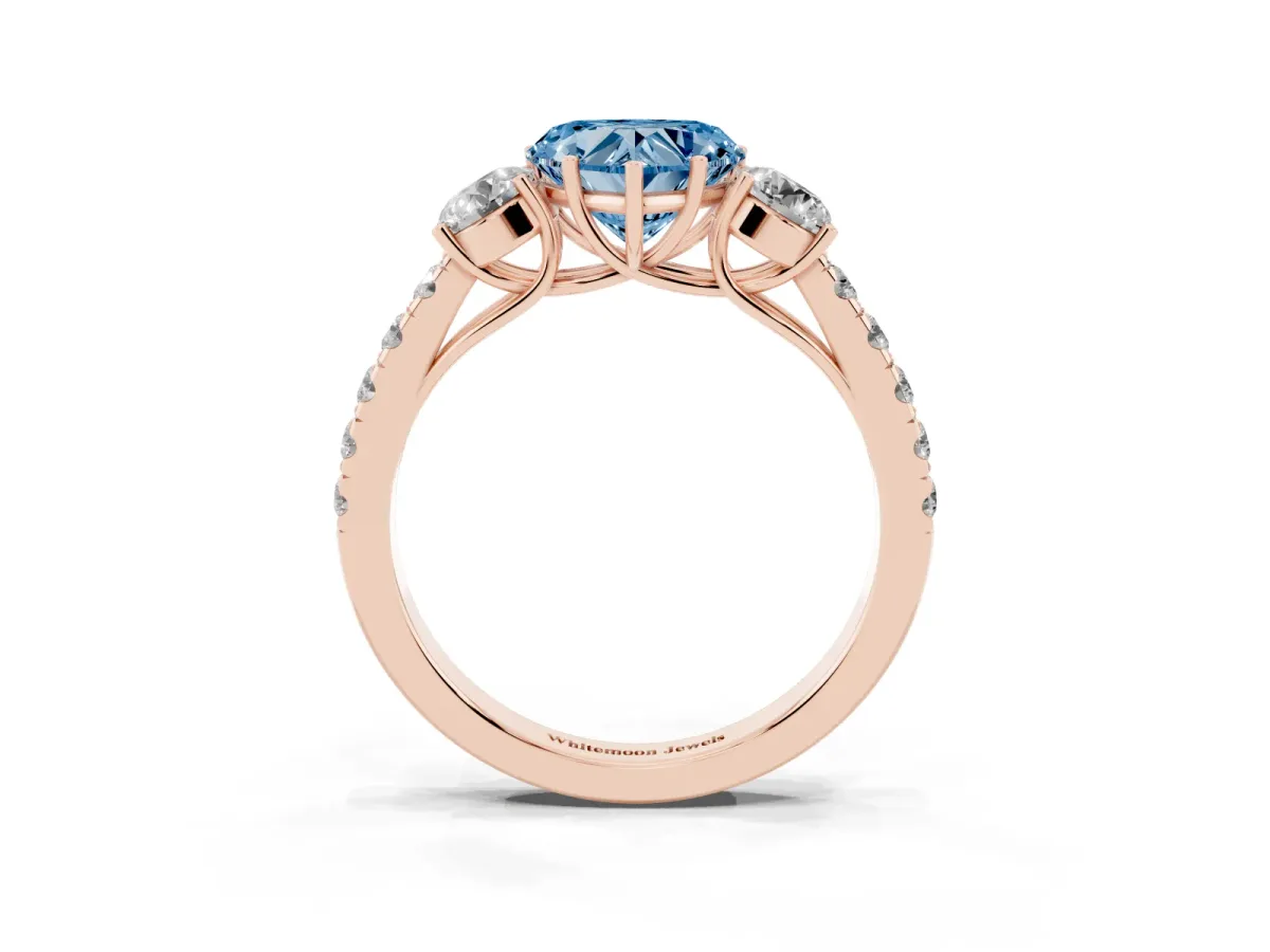Fancy Blue Heart Cut Cut Diamond Three-Stone Ring with Round Side Stones and Pavé Band Rose gold