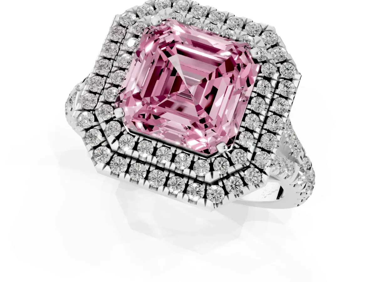 Fancy Pink Asscher Cut Diamond Pavé Split Shank Double Halo Engagement Ring Silver
