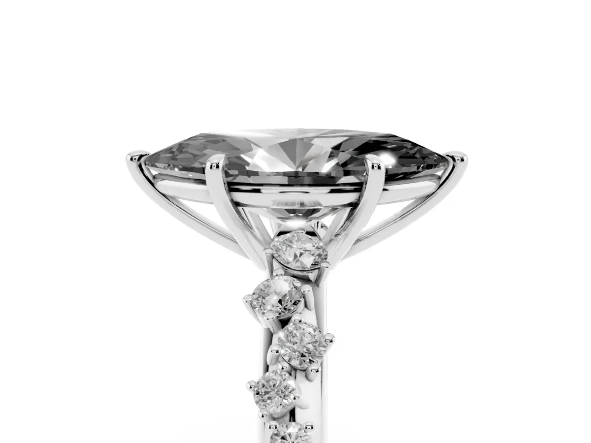 Fancy Black Marquise Cut Diamond Cluster Side Stone Solitaire Ring with Prong Setting Silver