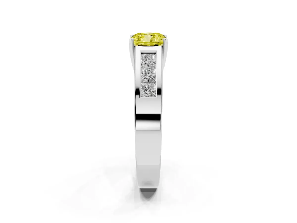 Fancy Yellow Cushion Cut Cut Channel Set Solitaire Ring with Four-Prong Setting Platinum