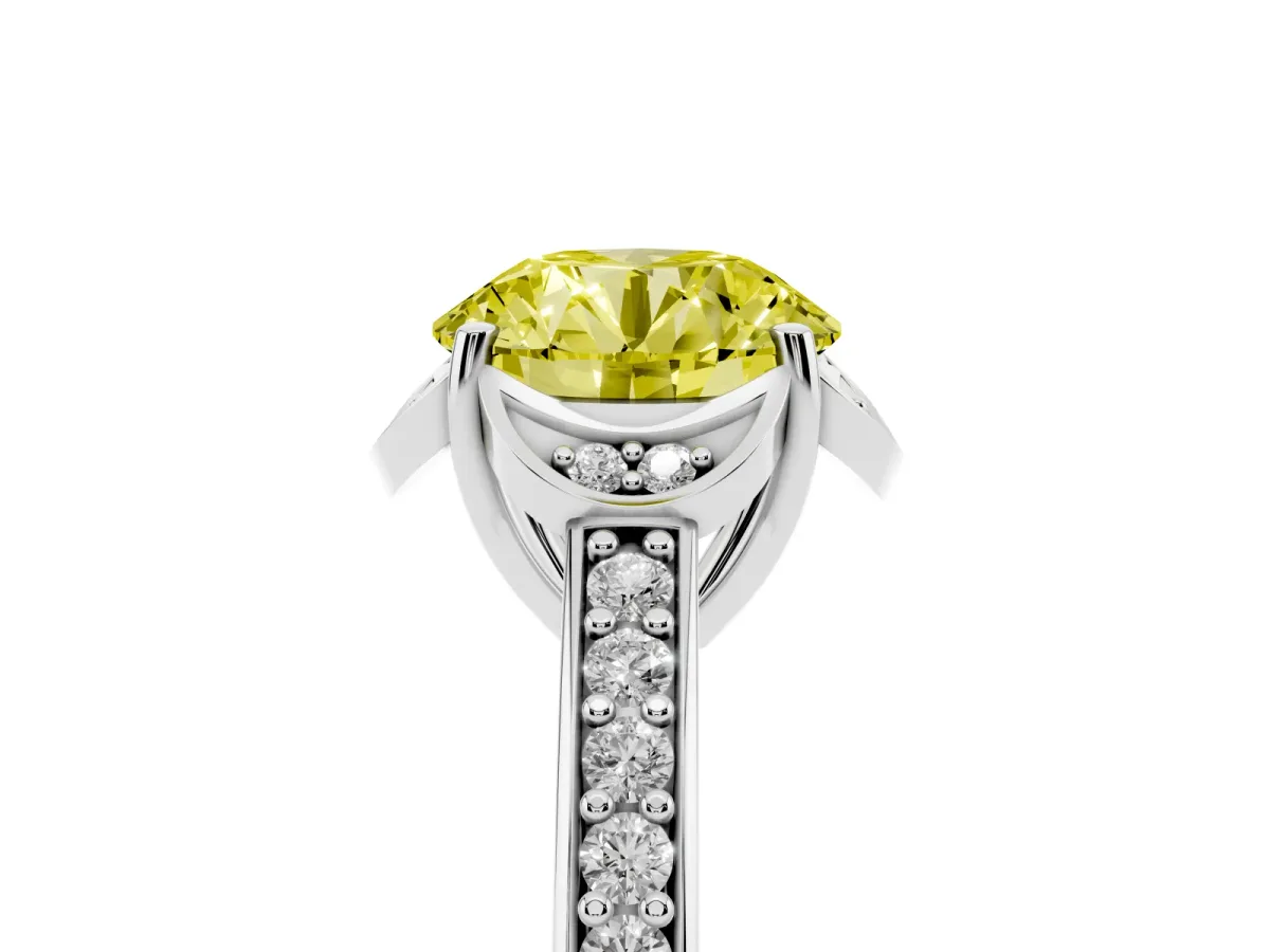 Fancy Yellow Round Cut Cut Halo Diamond Ring with Channel Set Band and Four-Prong Setting Platinum