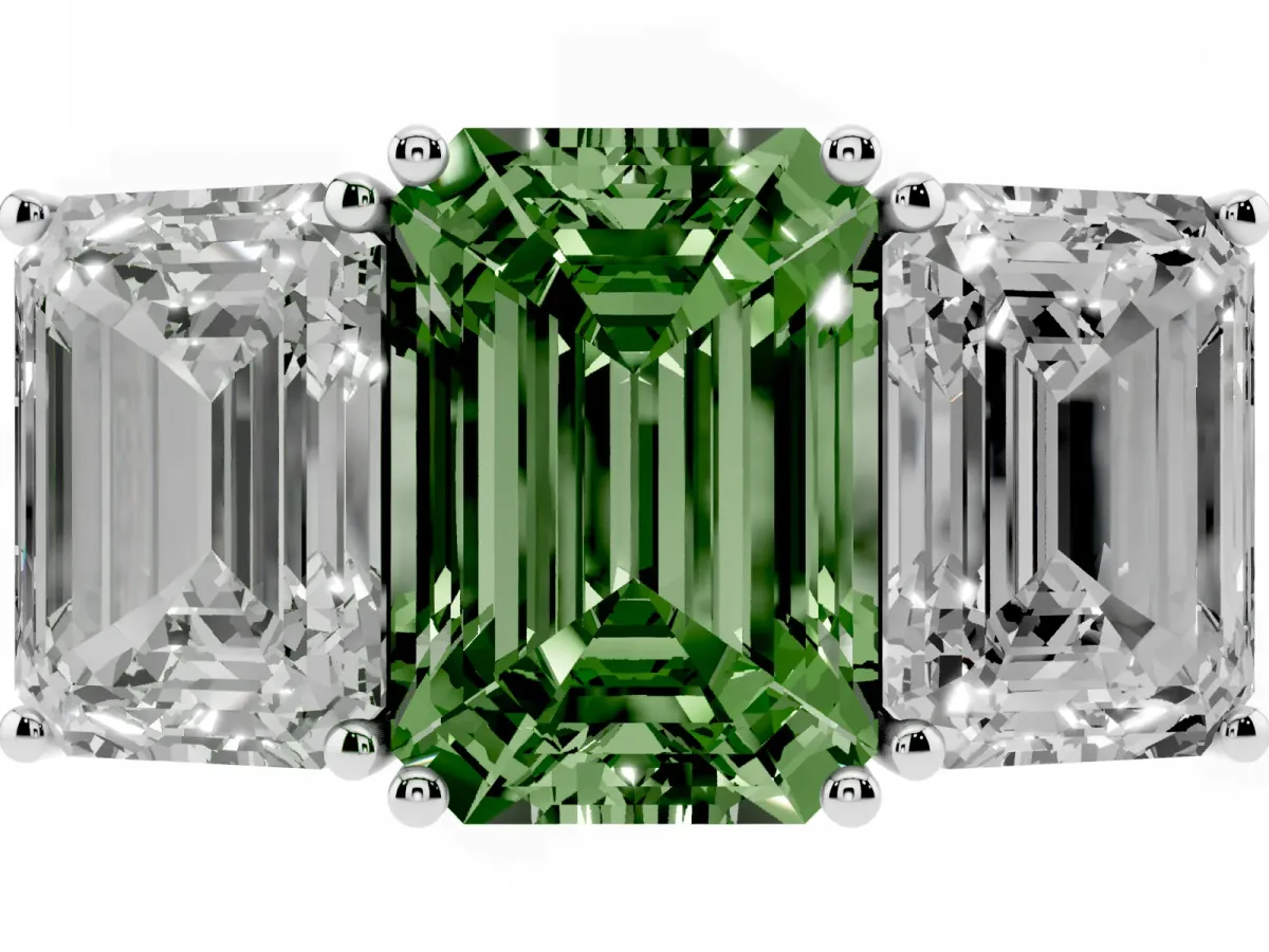 Fancy Green Emerald Cut Diamond Three-Stone Ring with Prong Setting and Textured Band Silver