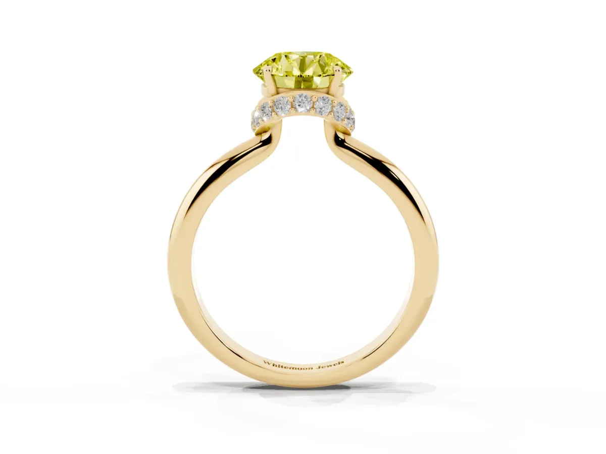 Fancy Yellow Round Cut Brilliant Solitaire Engagement Ring with Six-Prong Setting and Classic Band Yellow gold
