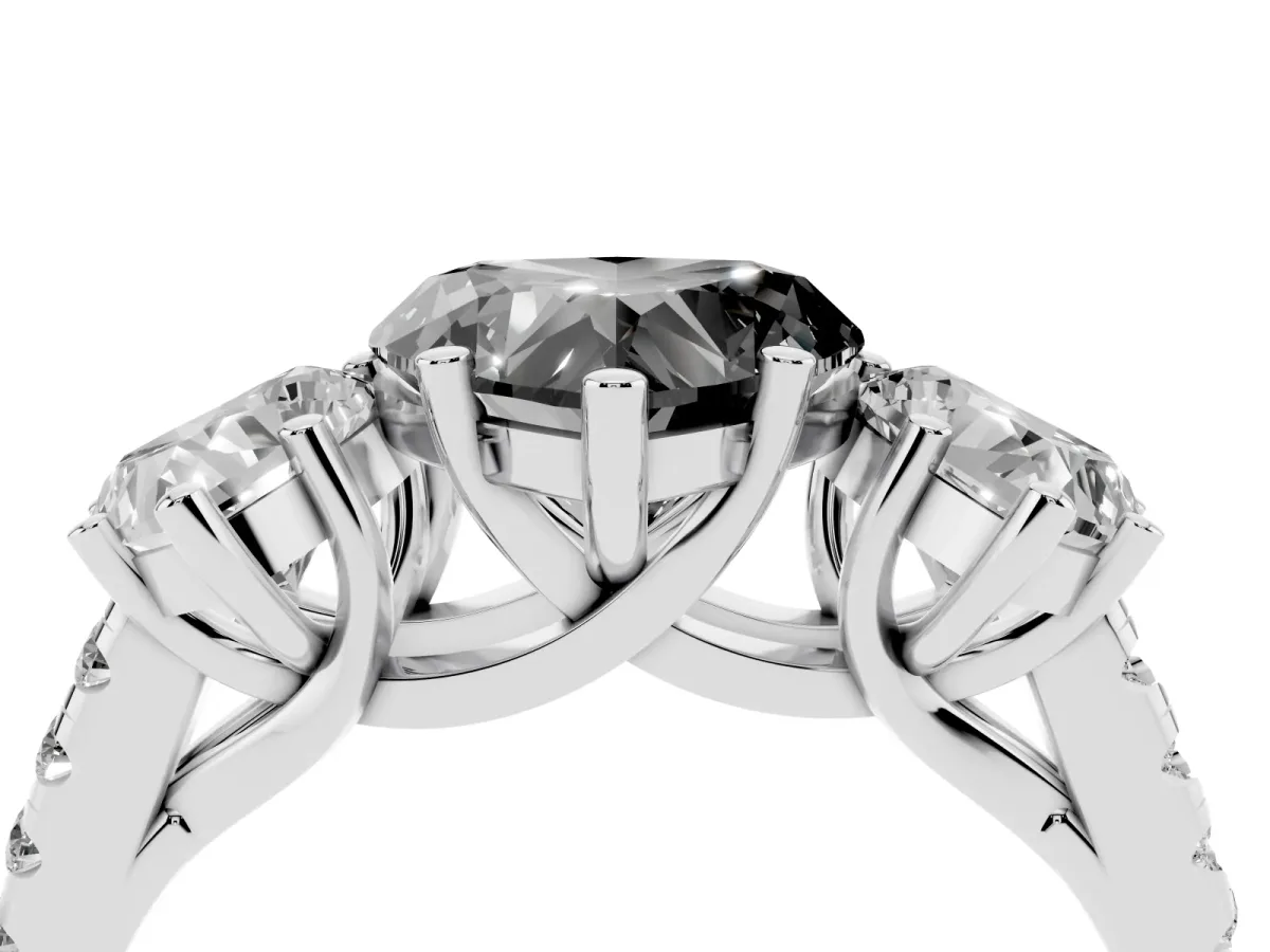 Fancy Black Three-Stone Heart Cut Diamond Ring with Round Pavé Band and Prong Setting Silver