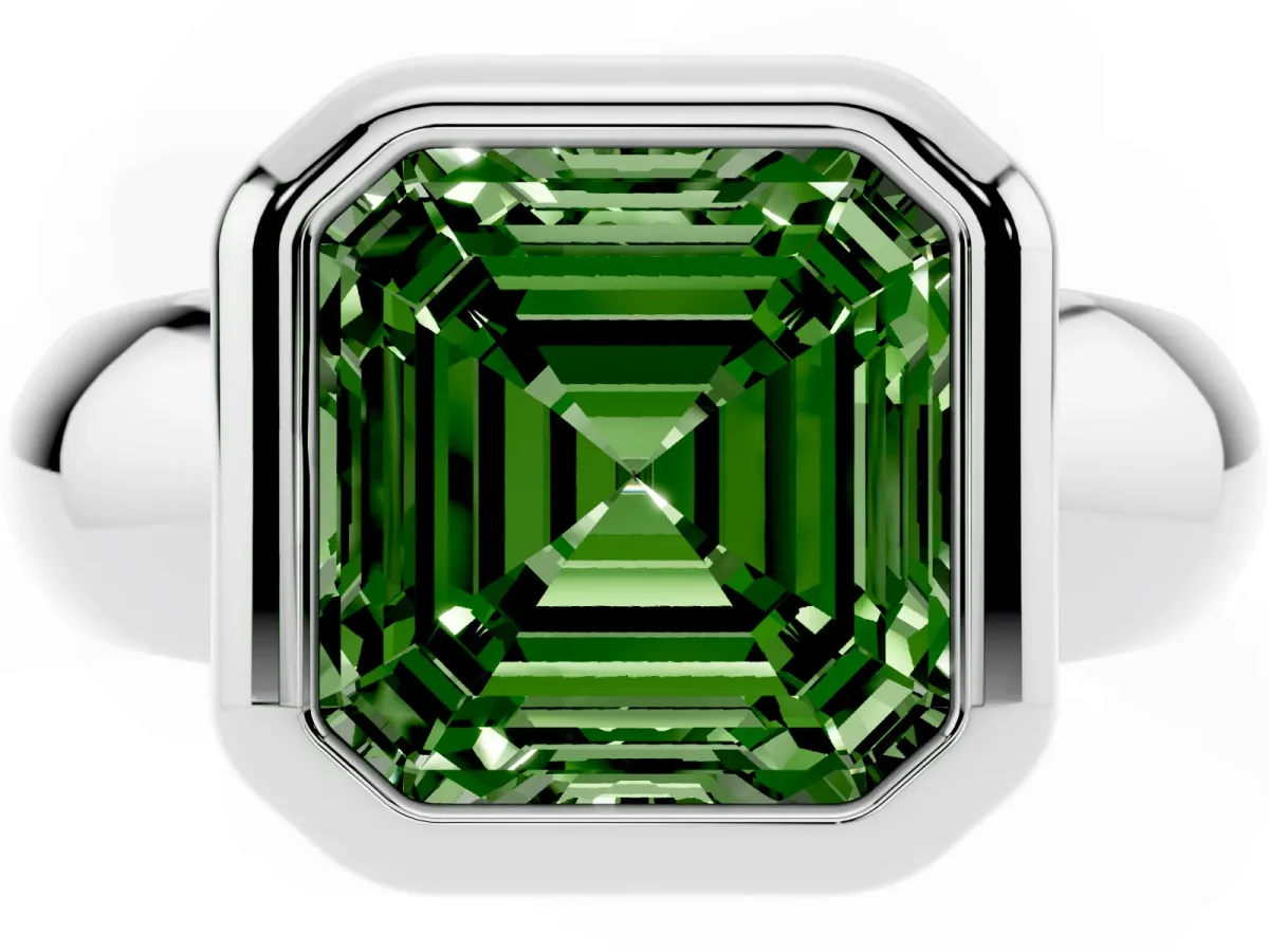 Fancy Green Bezel Set Asscher Cut Solitaire Ring with Wide Band Silver