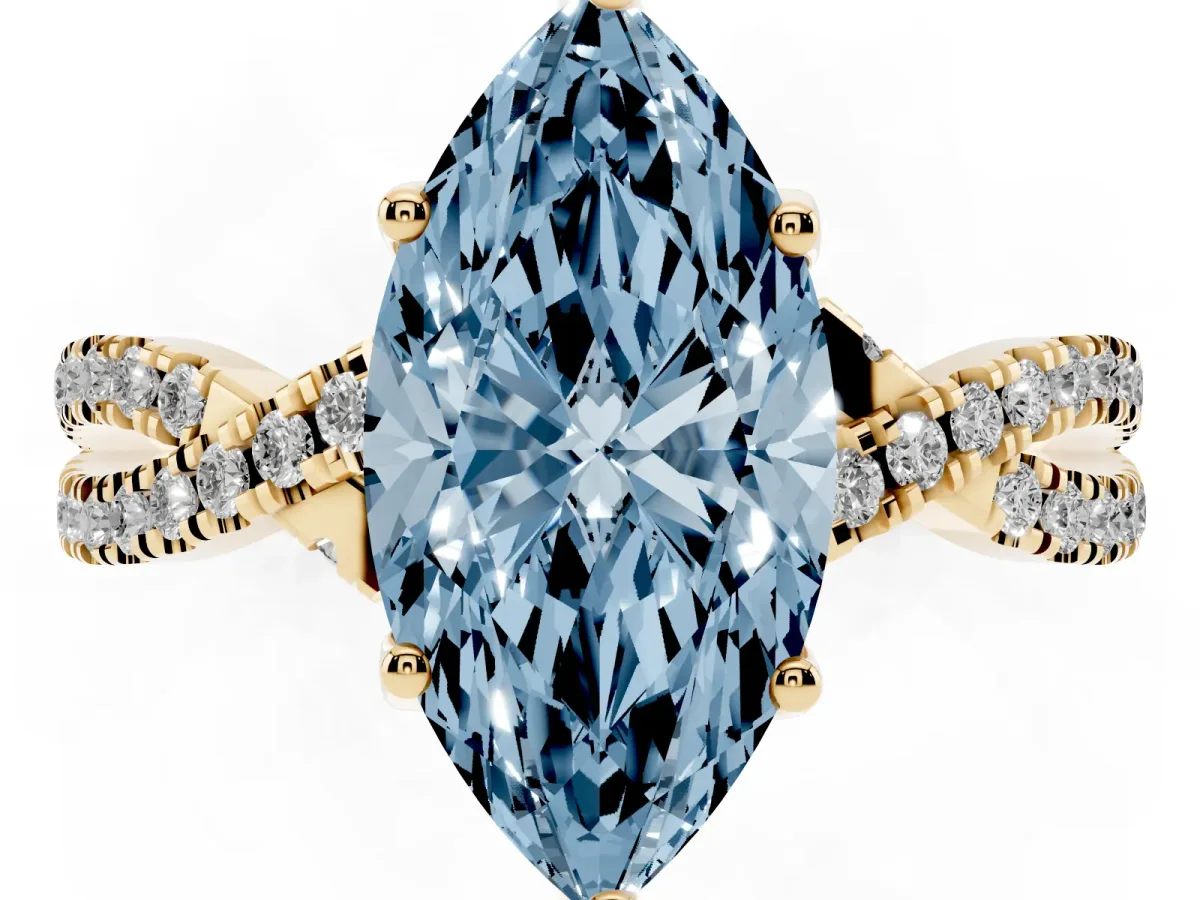 Fancy Blue Marquise Cut Solitaire Twist Pave Diamond Engagement Ring with Prong Setting Yellow gold