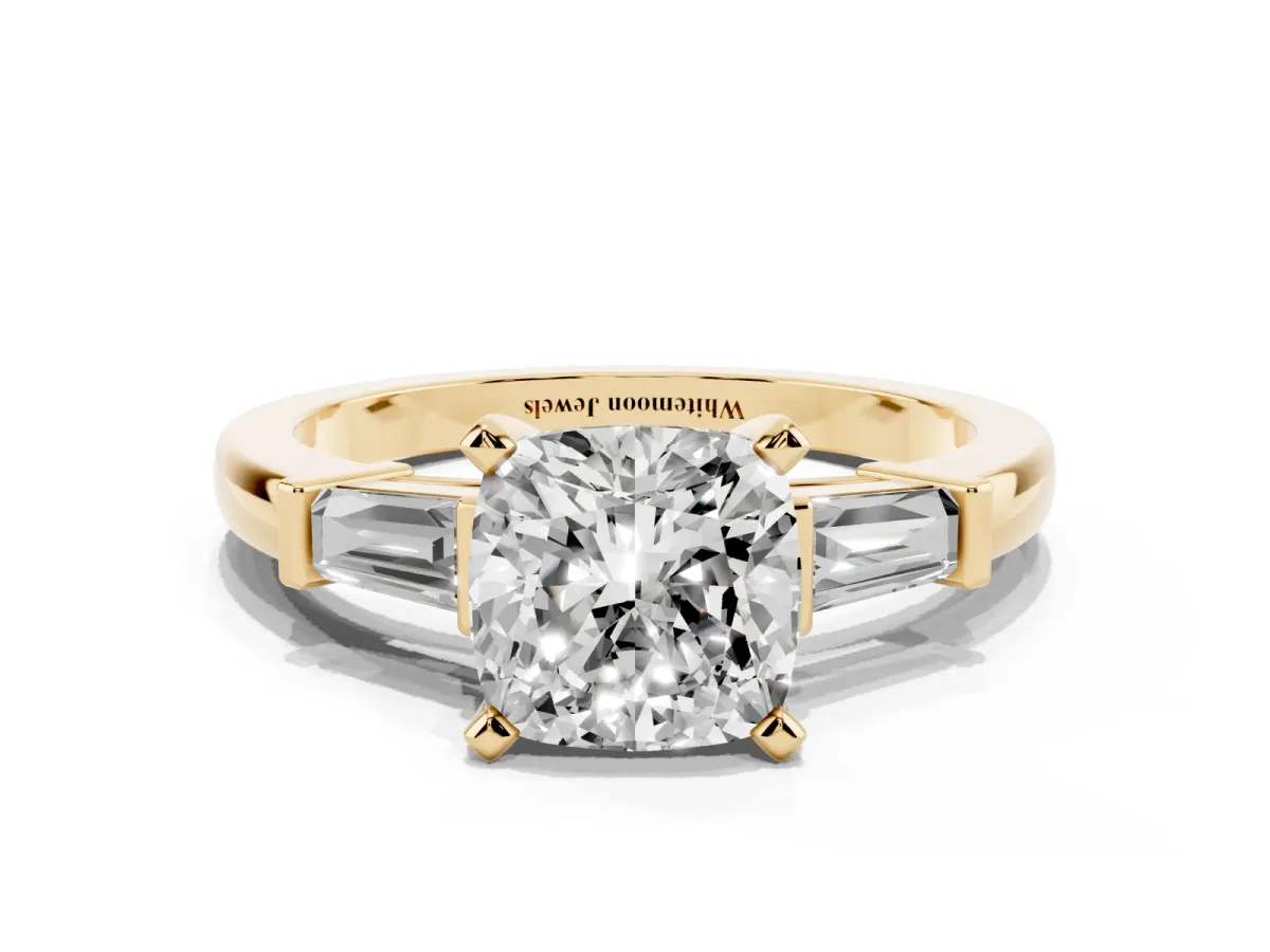 Cushion Cut Cut Diamond Solitaire Ring with Tapered Baguette Accents and Four-Prong Setting Yellow gold