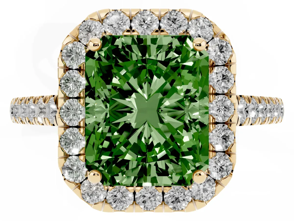 Fancy Green Radiant Cut Halo Pave Diamond Engagement Ring with Four-Prong Setting Yellow gold