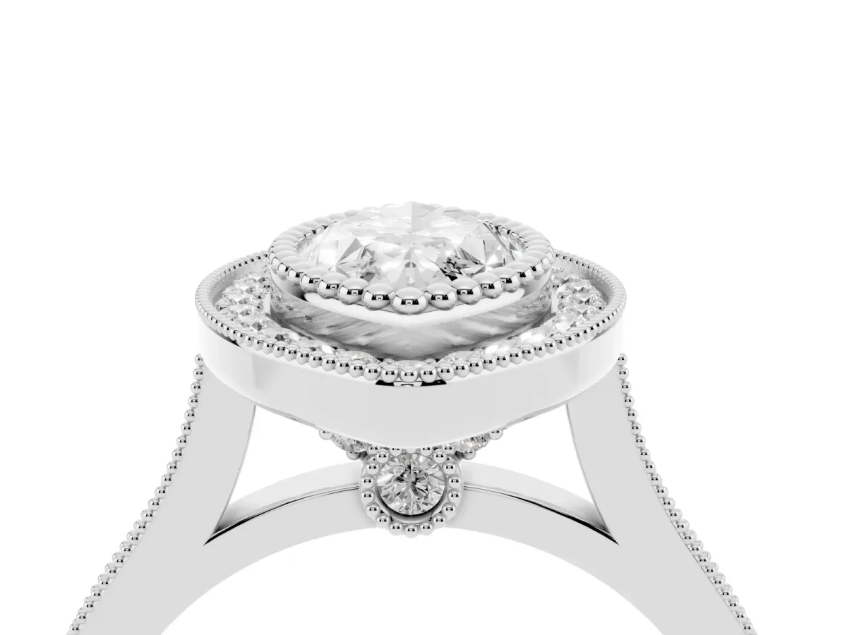 Marquise Cut Diamond Halo Ring with Milgrain Frame and Pavé Band Silver