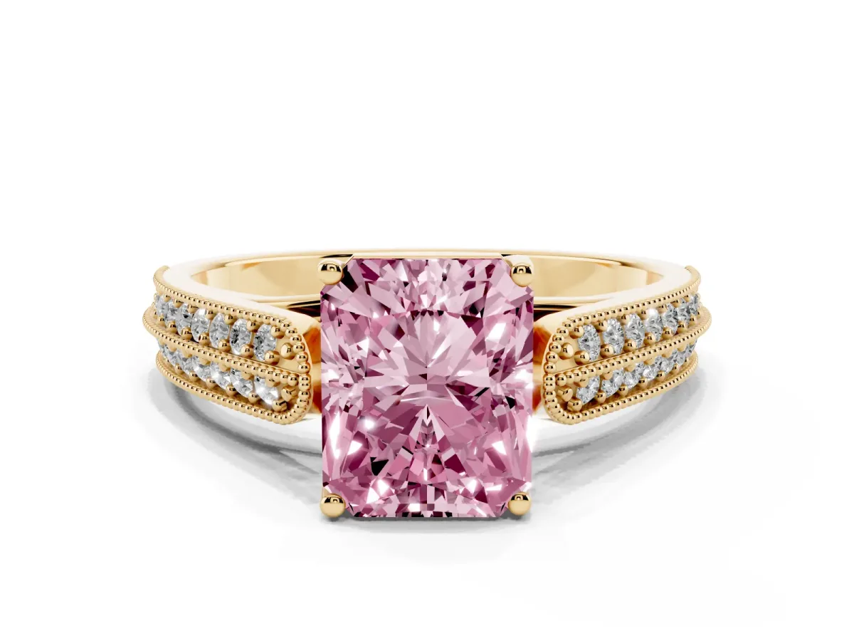Fancy Pink Radiant Cut Cut Pave Split Shank Engagement Ring with Four-Prong Setting Yellow gold
