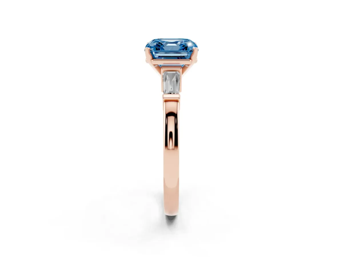 Fancy Blue Asscher Cut Cut Diamond Solitaire Ring with Tapered Baguette Accents and Four-Prong Setting Rose gold