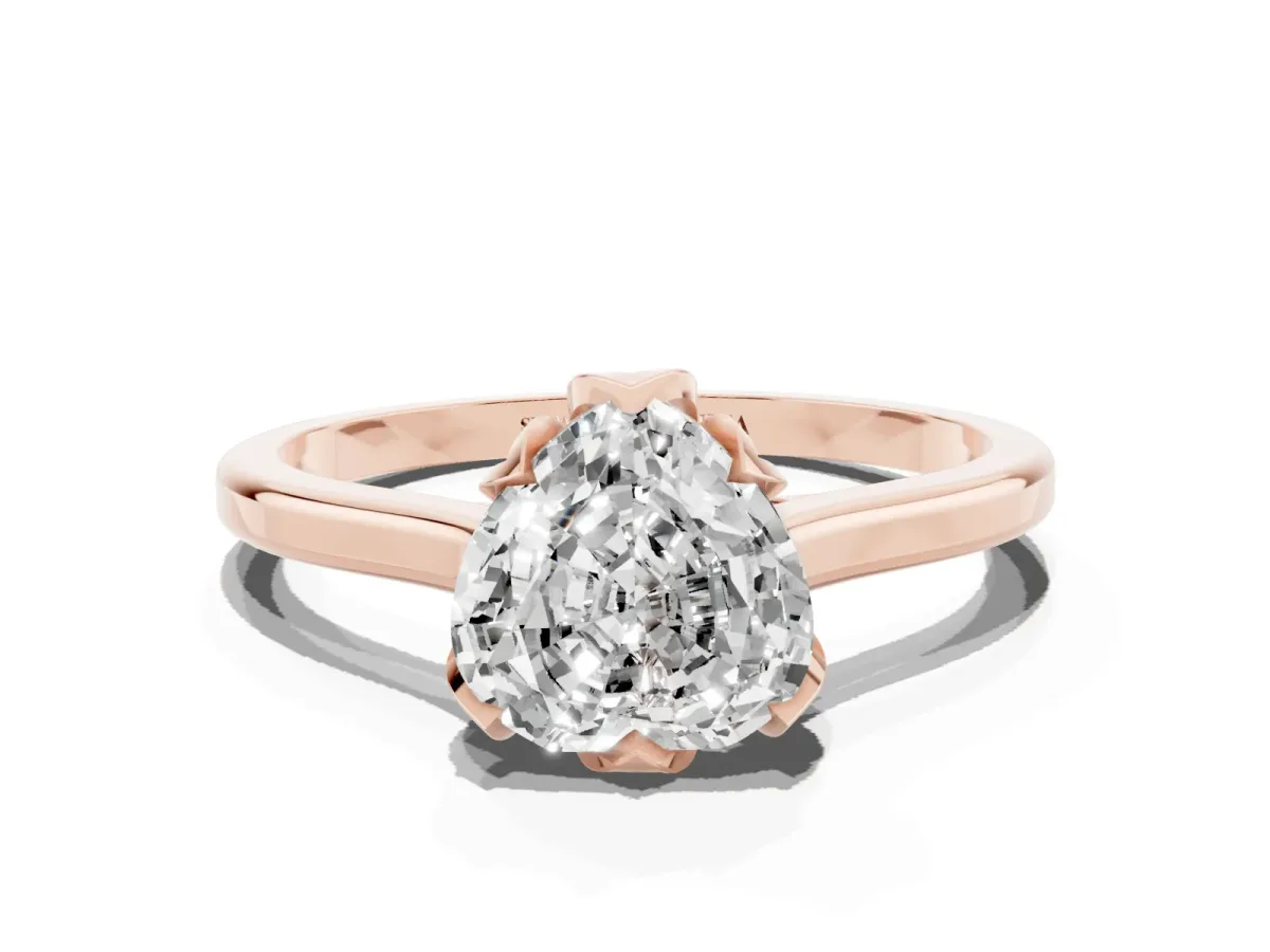 Heart Cut Diamond Solitaire Ring with Flower Prong Setting and Classic Band Rose gold