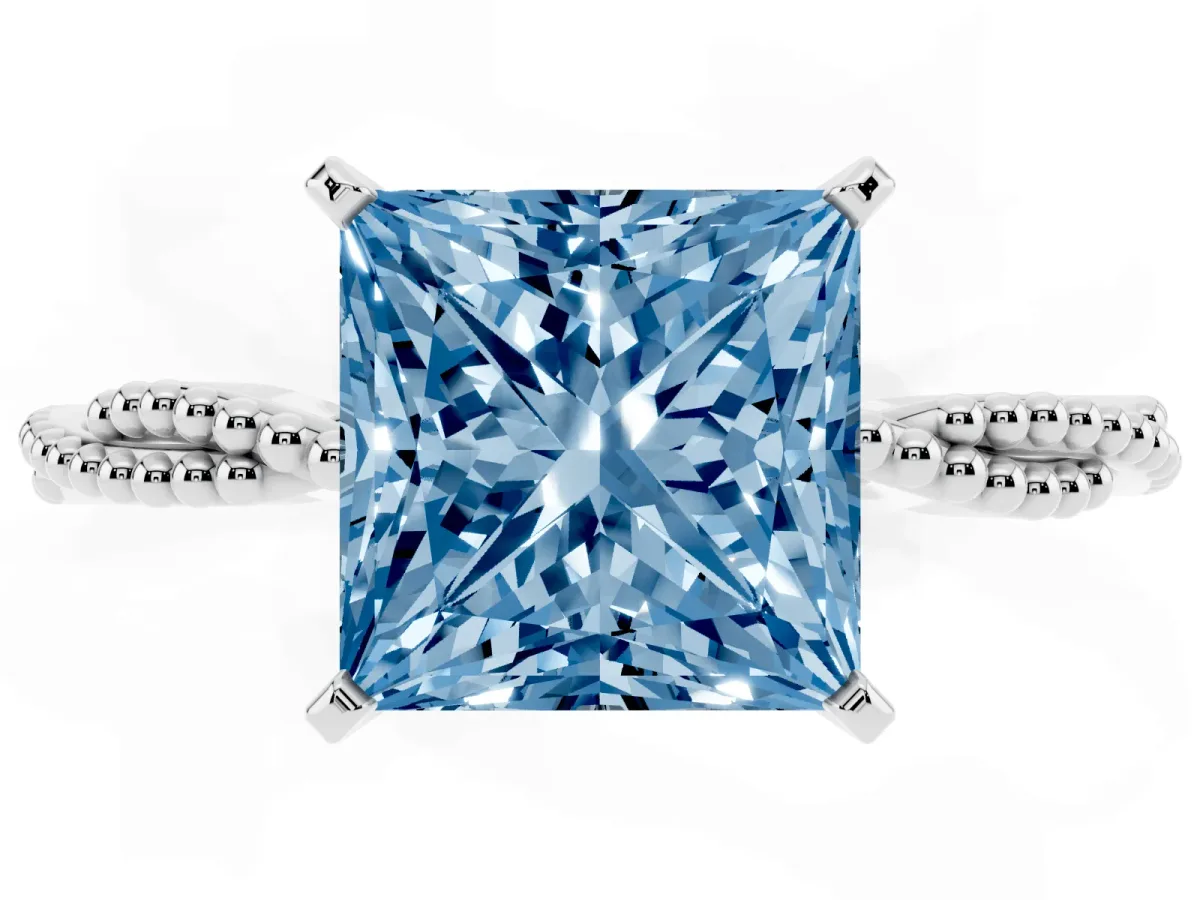Fancy Blue Princess Cut Solitaire Twisted Band with Bead Prong Setting Silver
