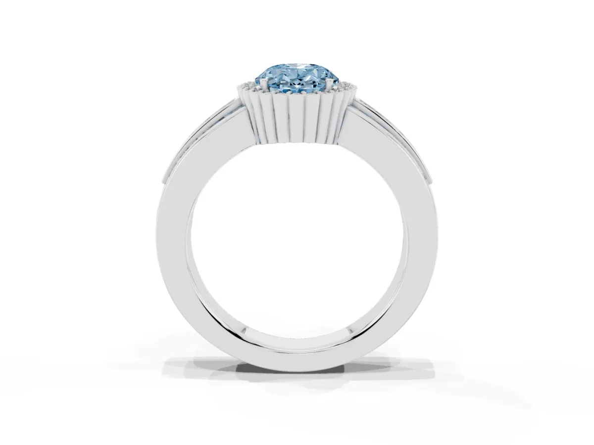 Fancy Blue Oval Cut Cut Halo Pave Band Four-Prong Ring Silver