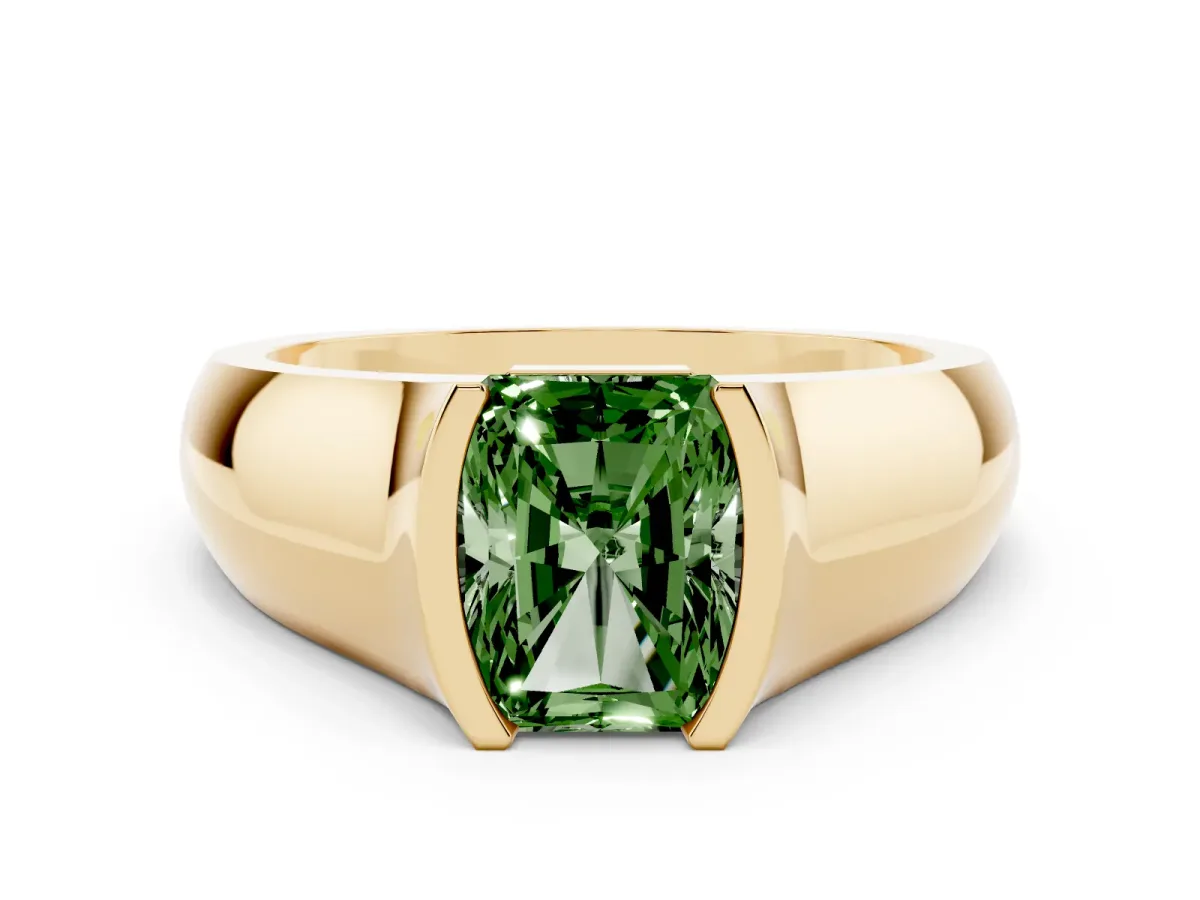 Fancy Green Radiant Cut Solitaire Bezel Set Diamond Ring with Wide Band Yellow gold