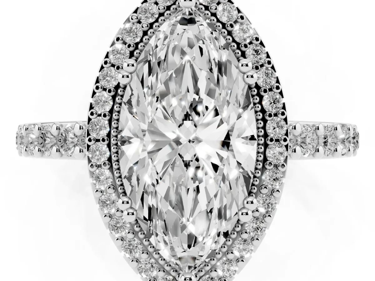 Marquise Cut Cut Diamond Halo Engagement Ring with Milgrain Detail and Pavé Band White gold