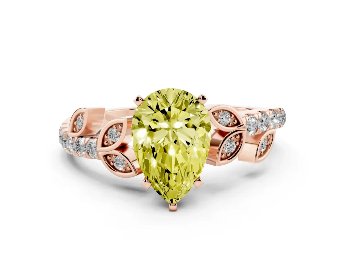 Fancy Yellow Pear Cut Solitaire Leaf-Inspired Diamond Ring with Pavé Band and Four-Prong Setting Rose gold