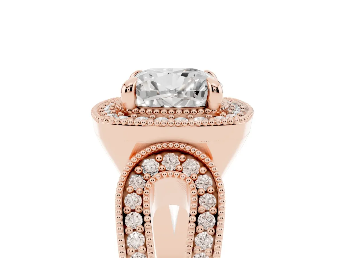 Cushion Cut Halo Split Shank Milgrain Diamond Ring Rose gold